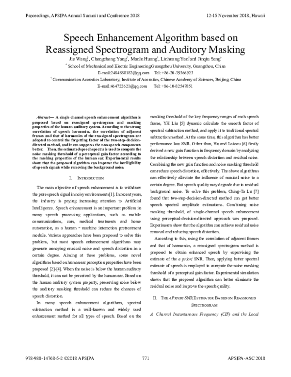 (PDF) Speech Enhancement Algorithm based on Reassigned Spectrogram and ...