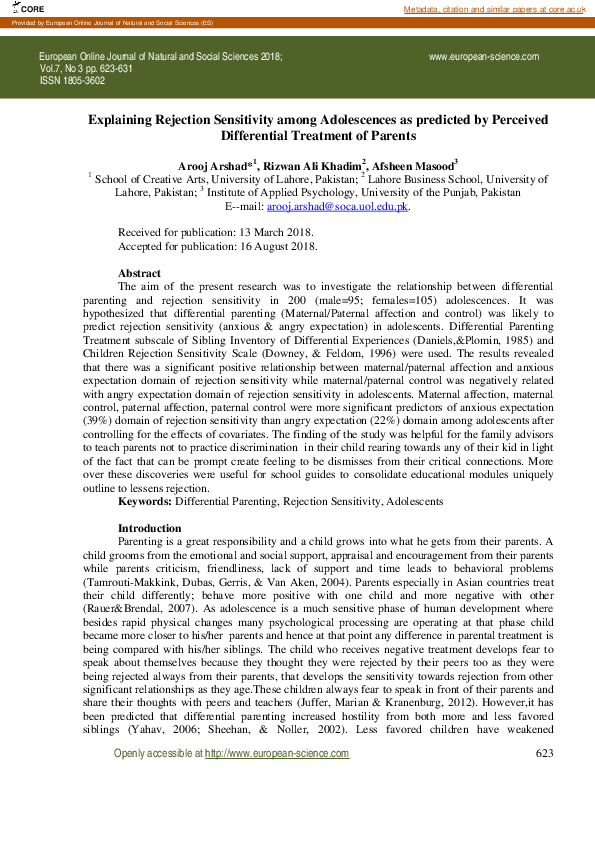 (PDF) Explaining Rejection Sensitivity among Adolescences as predicted ...