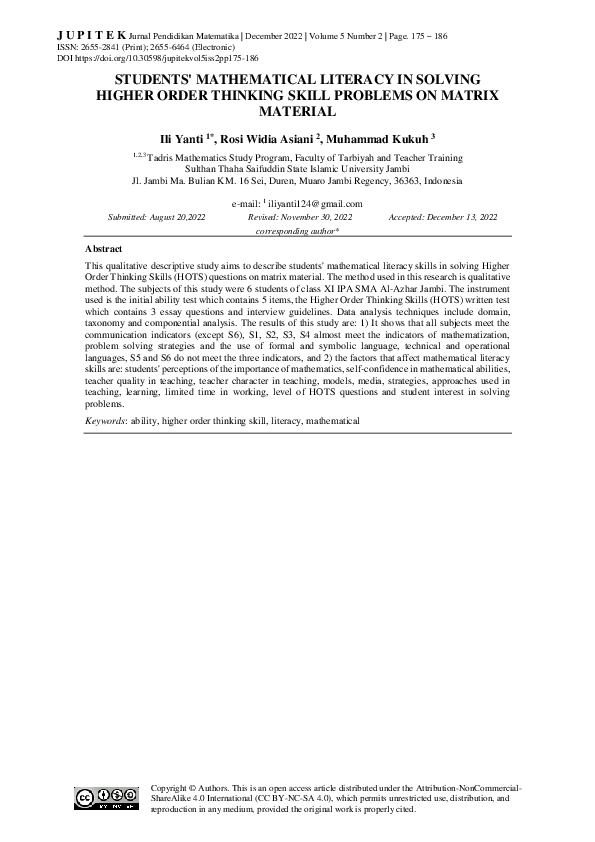 (PDF) Students' Mathematical Literacy in Solving Higher Order Thinking ...