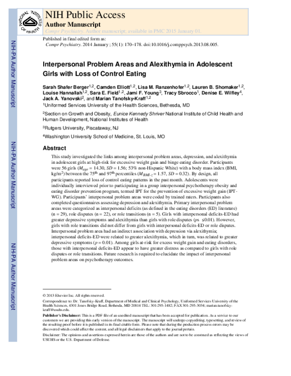 (PDF) Interpersonal problem areas and alexithymia in adolescent girls ...