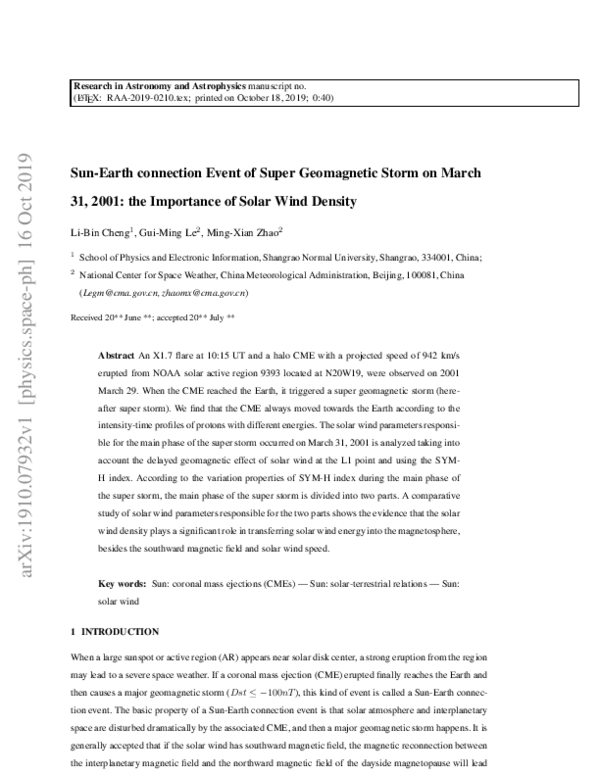 (PDF) Sun-Earth connection event of super geomagnetic storm on 2001 ...