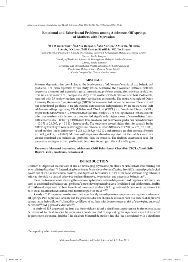(PDF) Emotional and Behavioural Problems among Adolescent Offsprings of ...