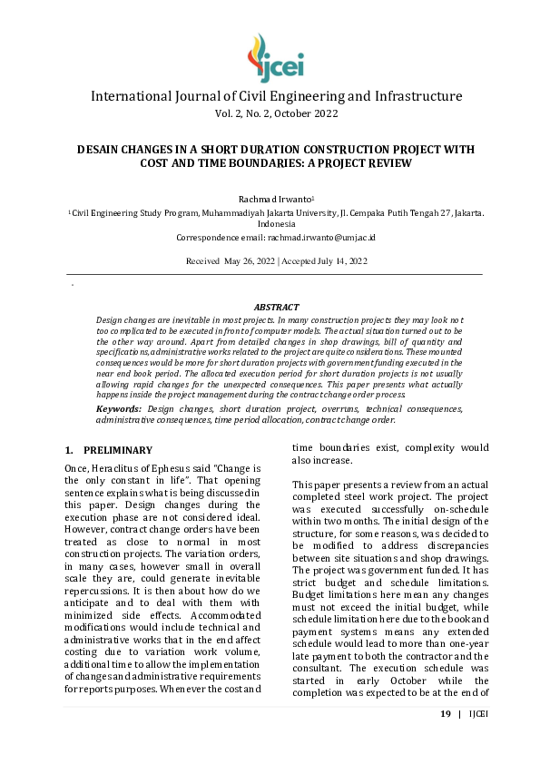 (PDF) Desain Changes in a Short Duration Construction Project with Cost ...