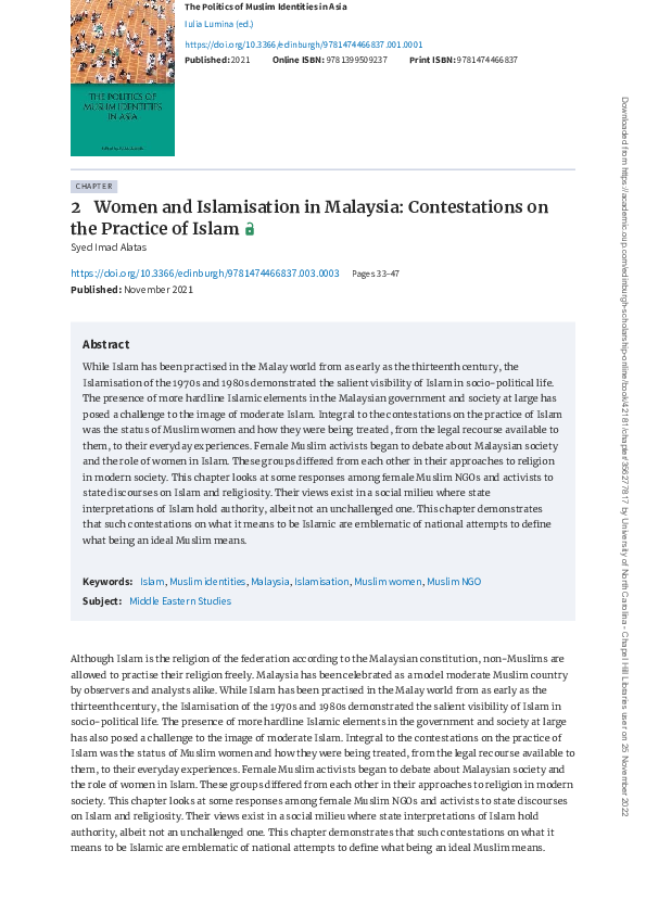 (PDF) Women and Islamisation in Malaysia: Contestations on the Practice ...