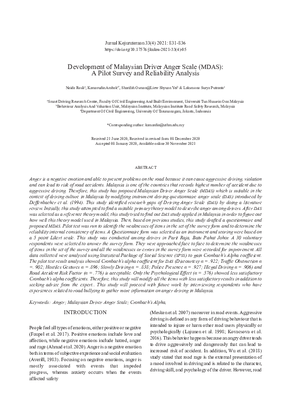 (PDF) Development of Malaysian Driver Anger Scale (MDAS): A Pilot ...