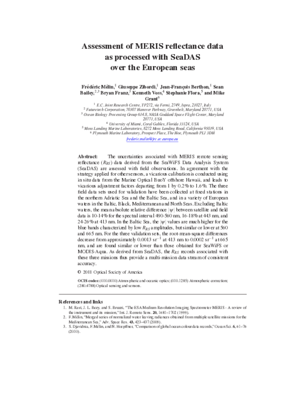 (PDF) Assessment of MERIS reflectance data as processed with SeaDAS ...