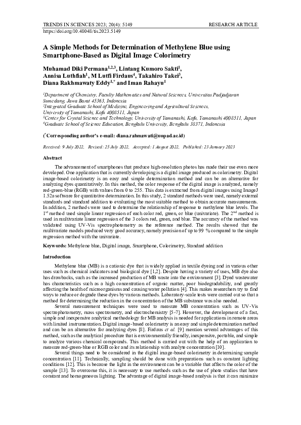 (PDF) A Simple Methods for Determination of Methylene Blue using ...