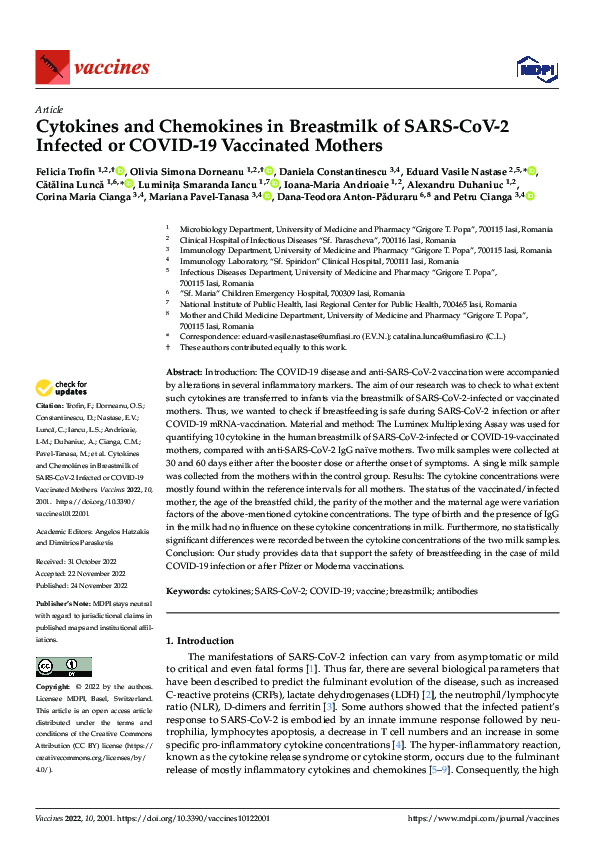 (PDF) Cytokines and Chemokines in Breastmilk of SARS-CoV-2 Infected or ...