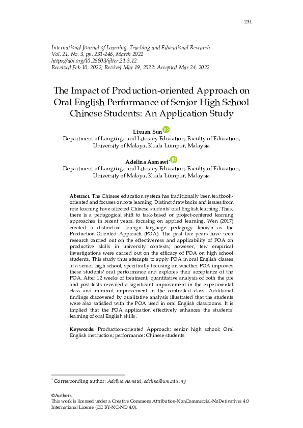 (PDF) The Impact of Production-oriented Approach on Oral English ...