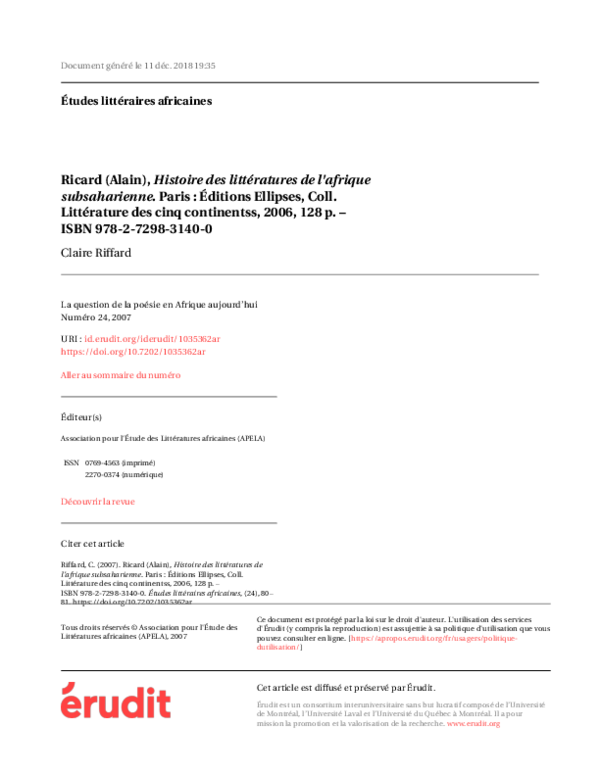 (PDF) Ricard (Alain), Histoire des littératures de l'afrique ...