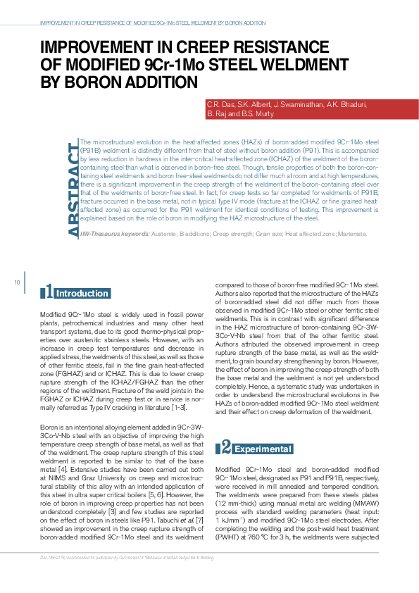 (PDF) Improvement in Creep Resistance of Modified 9Cr-1Mo Steel ...