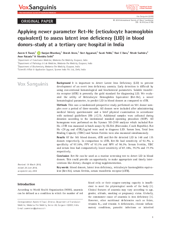 (PDF) Applying newer parameter Ret‐He (reticulocyte haemoglobin ...