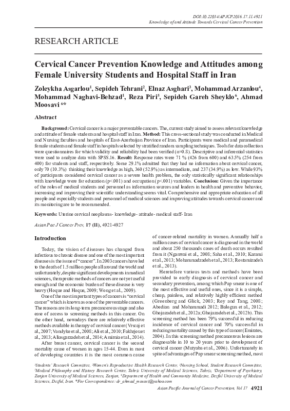 (PDF) Cervical Cancer Prevention Knowledge and Attitudes among Female ...