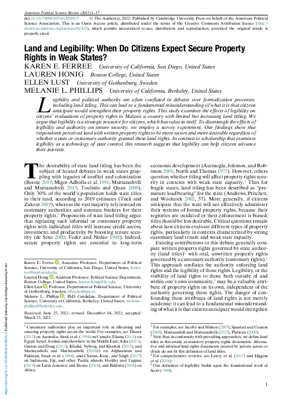 (PDF) Land and Legibility: When Do Citizens Expect Secure Property ...
