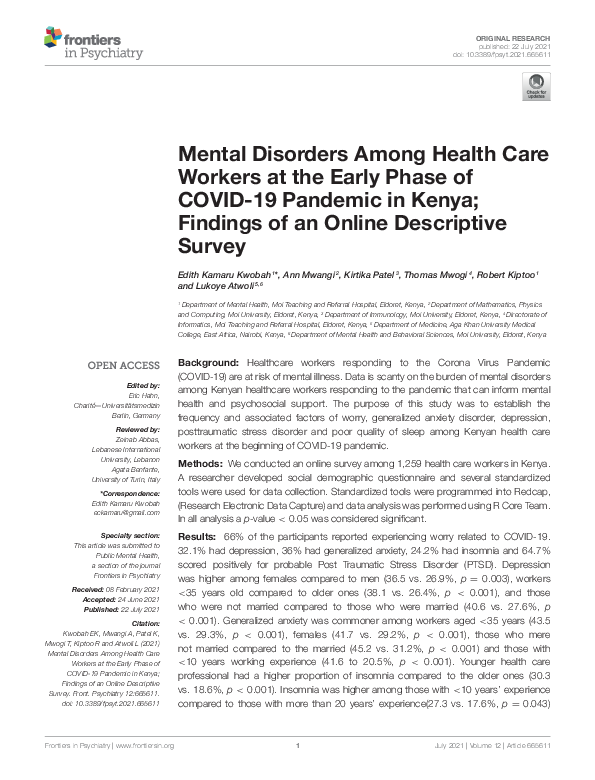 (PDF) Mental Disorders Among Health Care Workers at the Early Phase of ...