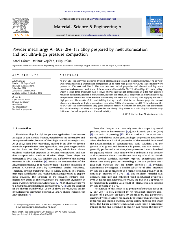 (PDF) Powder metallurgy Al–6Cr–2Fe–1Ti alloy prepared by melt ...