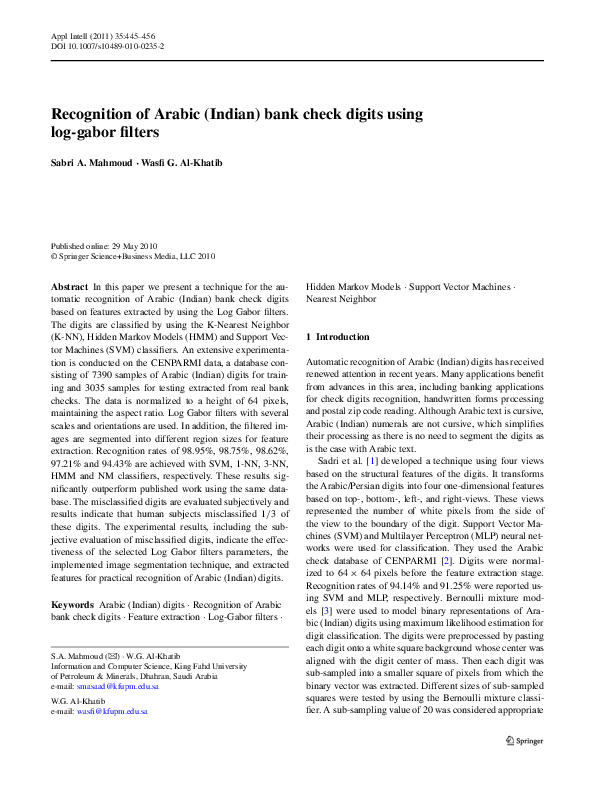 (PDF) Recognition of Arabic (Indian) bank check digits using log-gabor ...