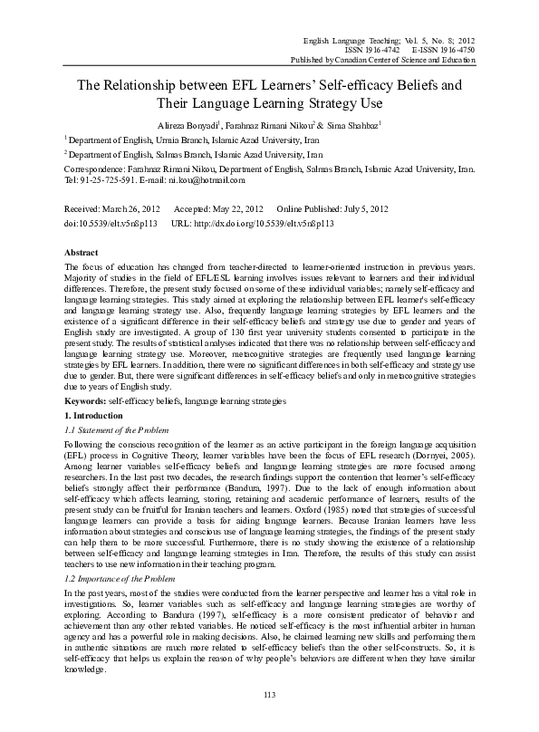 (PDF) The Relationship between EFL Learners’ Self-efficacy Beliefs and ...