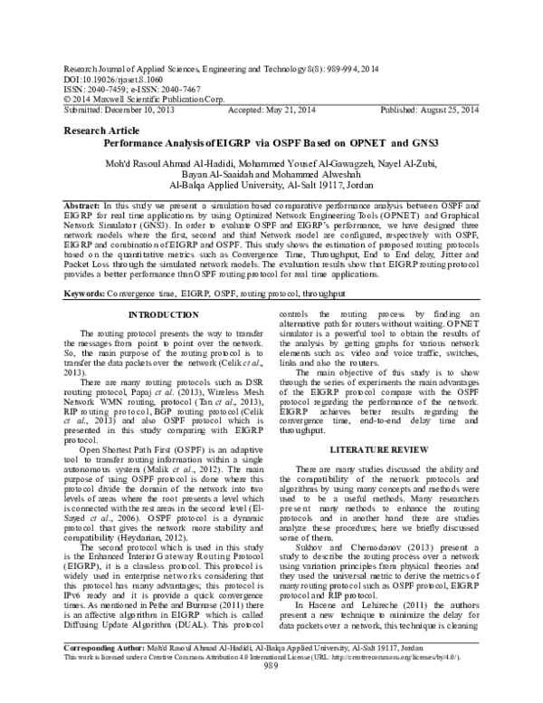 (PDF) Performance Analysis of EIGRP via OSPF Based on OPNET and GNS3