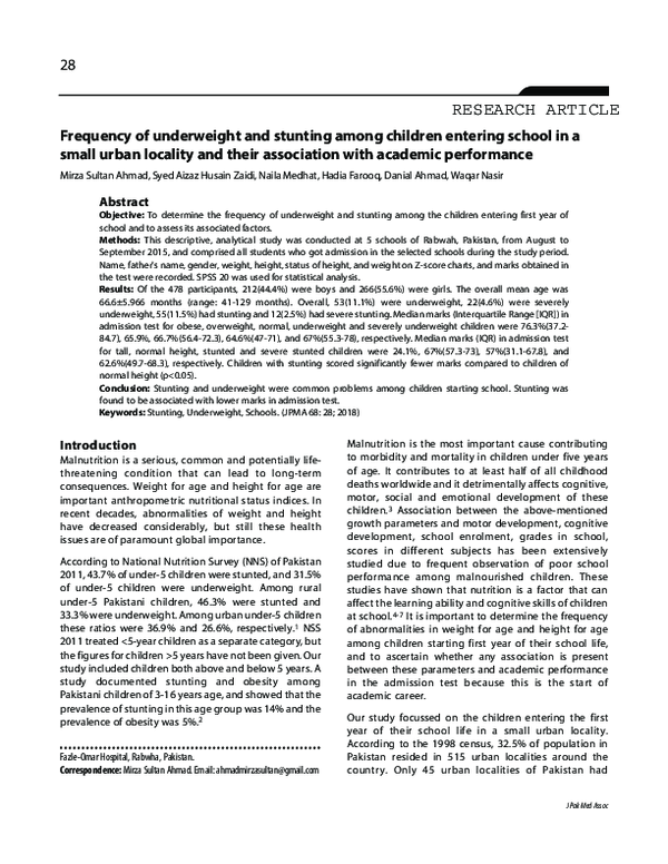 (PDF) Frequency of underweight and stunting among children entering ...