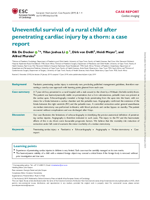 (PDF) Uneventful survival of a rural child after penetrating cardiac ...