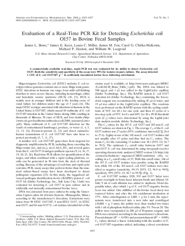 (PDF) Evaluation of a Real-Time PCR Kit for Detecting Escherichia coli ...