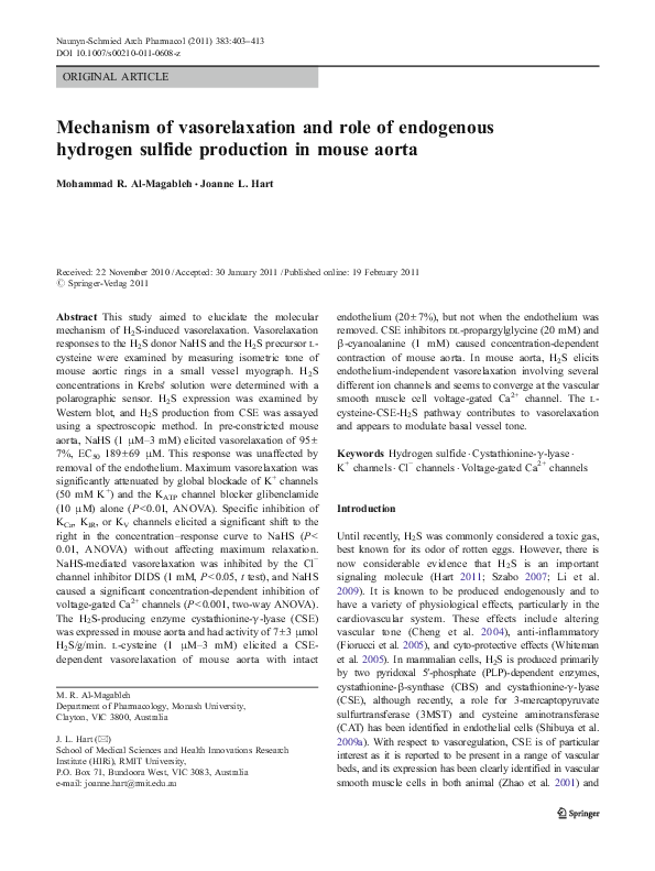 (PDF) Mechanism of vasorelaxation and role of endogenous hydrogen ...