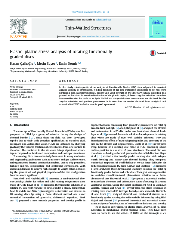 (PDF) Elastic–plastic stress analysis of rotating functionally graded discs