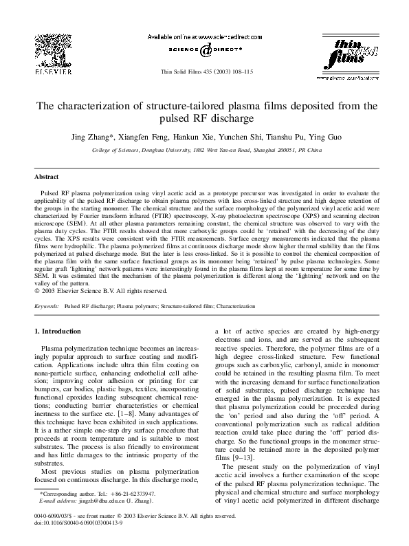 (PDF) The characterization of structure-tailored plasma films deposited ...