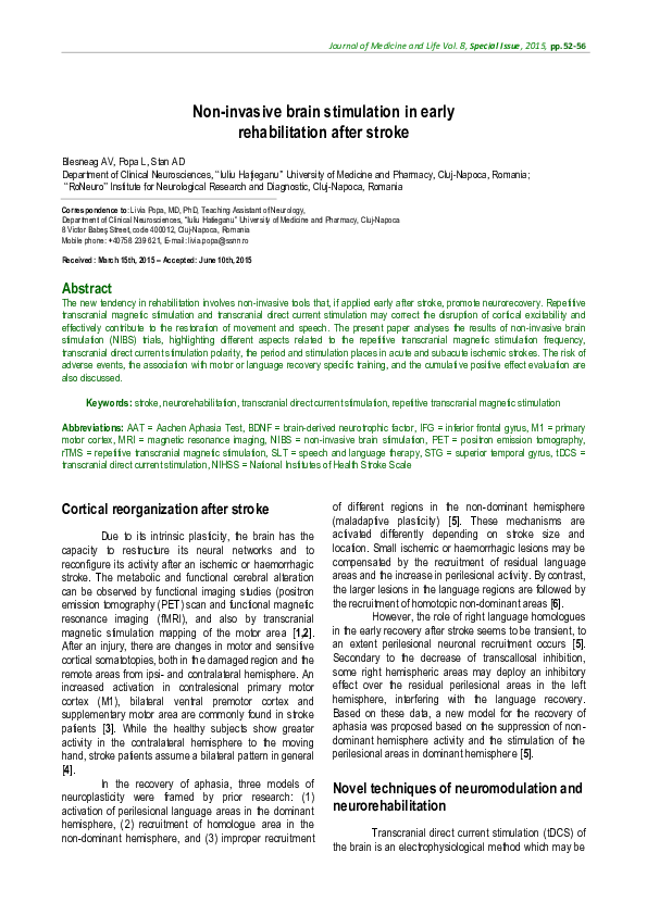 (PDF) Non-invasive brain stimulation in early rehabilitation after stroke