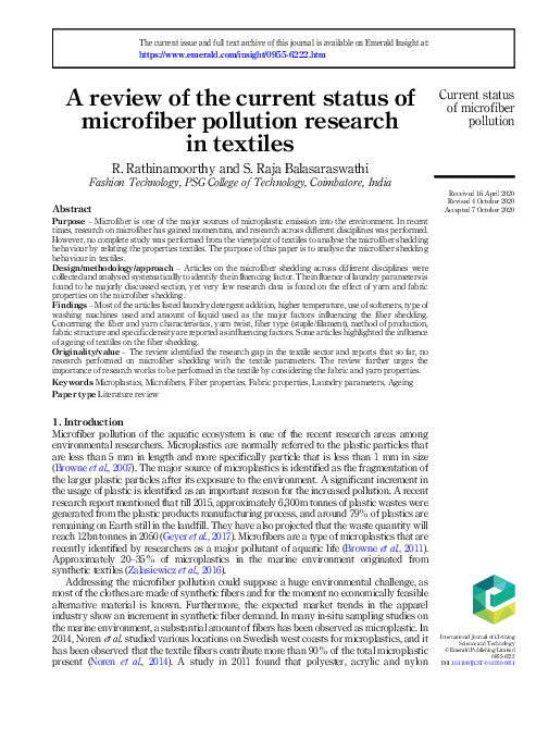(PDF) A review of the current status of microfiber pollution research ...