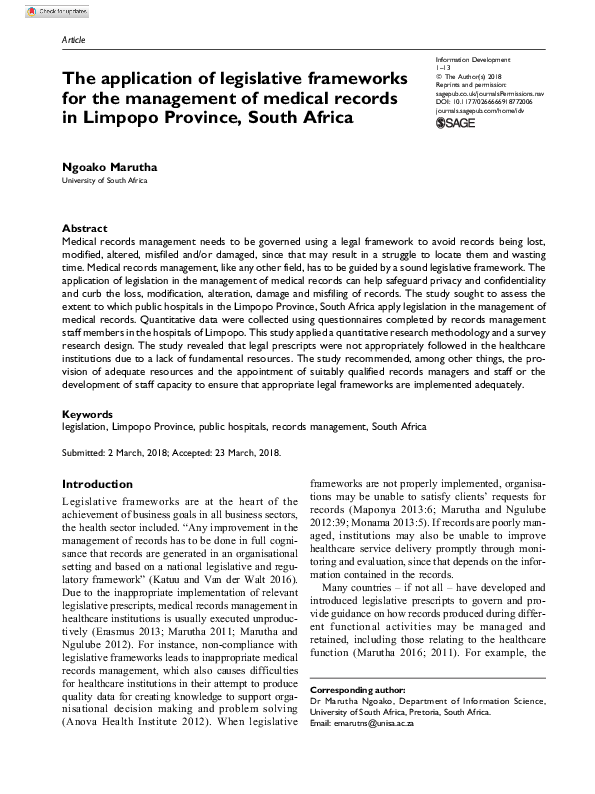 (PDF) The application of legislative frameworks for the management of