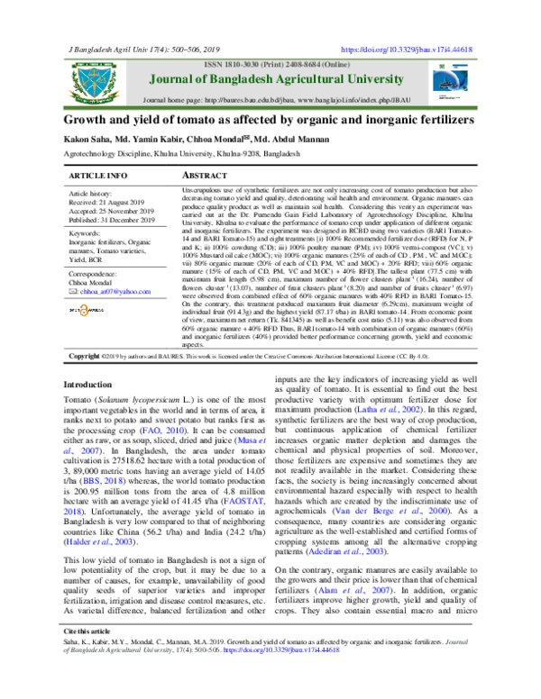 (PDF) Growth and yield of tomato as affected by organic and inorganic ...