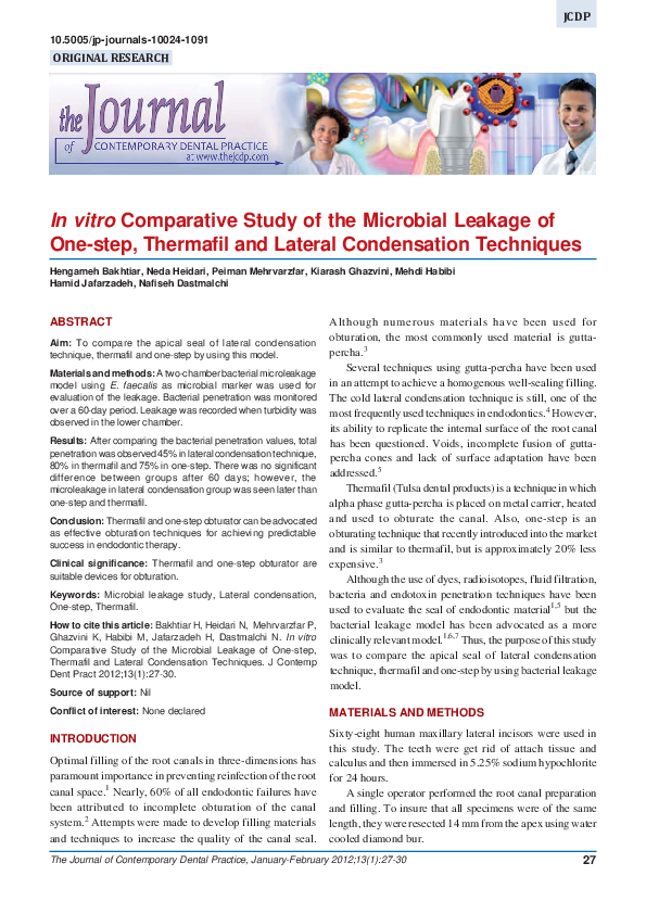 (PDF) In vitro Comparative Study of the Microbial Leakage of One-step ...