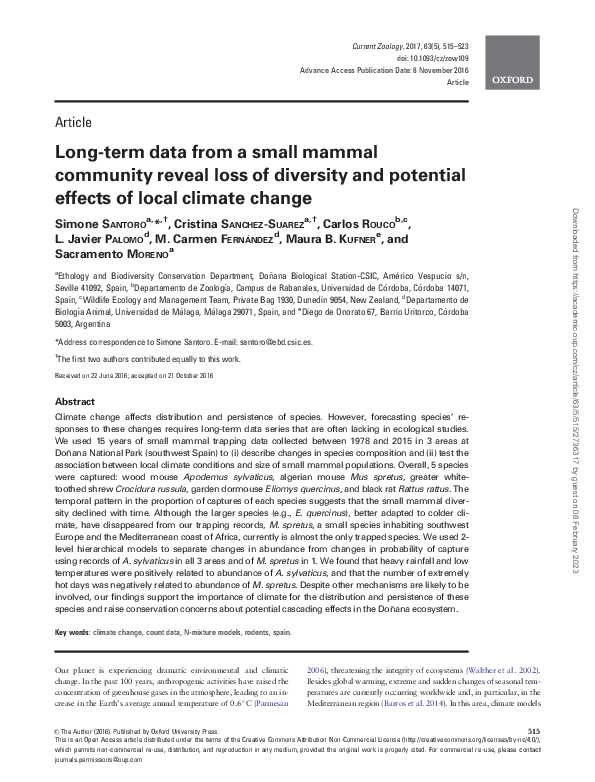 (PDF) Long-term data from a small mammal community reveals loss of ...