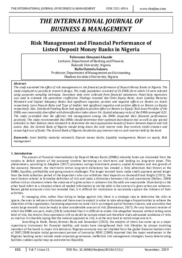(PDF) Risk Management and Financial Performance of Listed Deposit Money
