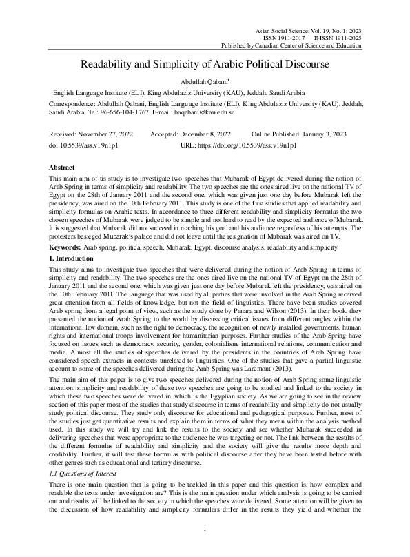 (PDF) Readability and Simplicity of Arabic Political Discourse