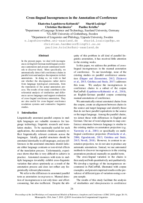 (PDF) Cross-lingual Incongruences in the Annotation of Coreference