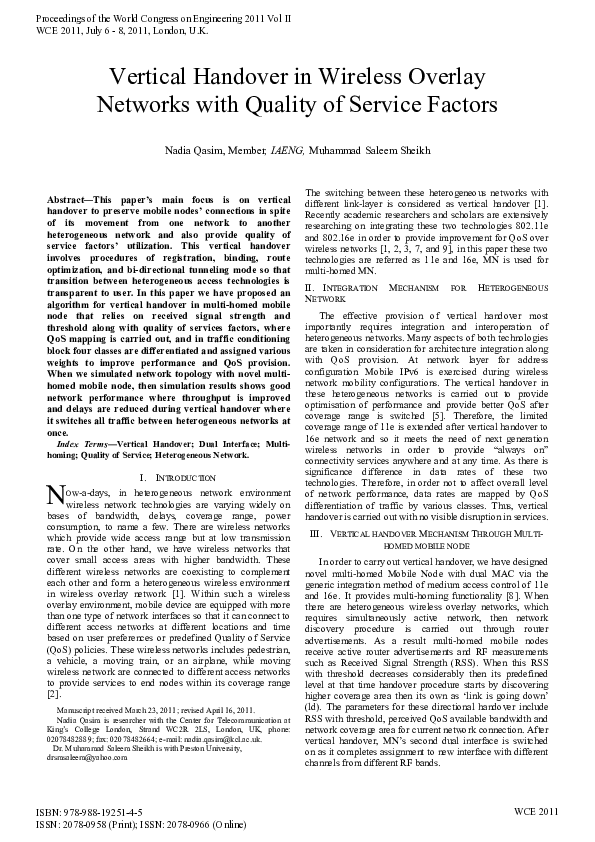 (PDF) Vertical Handover in Wireless Overlay Networks with Quality of ...
