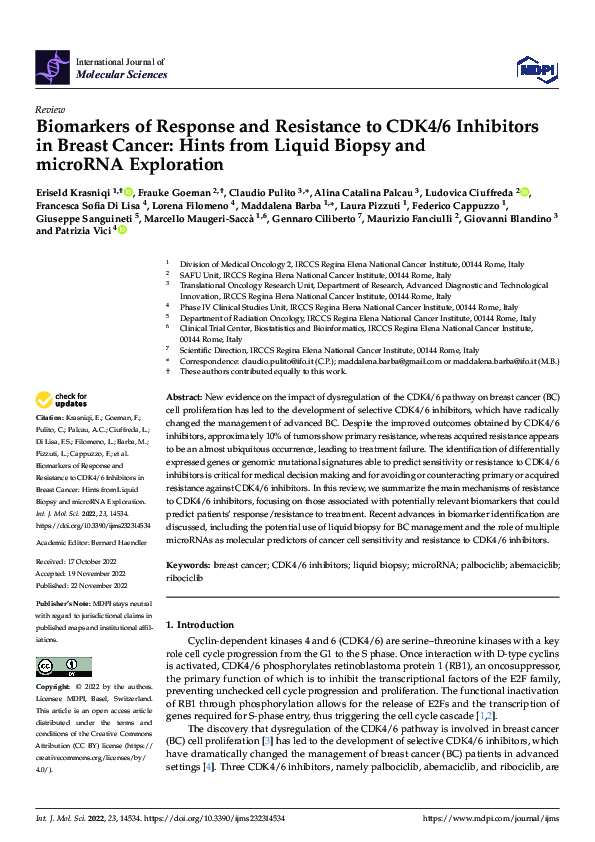 (PDF) Biomarkers of Response and Resistance to CDK4/6 Inhibitors in ...