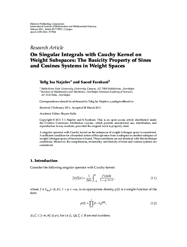 (PDF) On Singular Integrals with Cauchy Kernel on Weight Subspaces: The ...