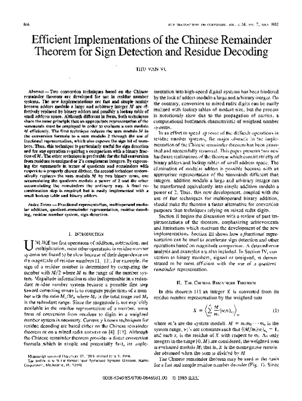(PDF) Efficient Implementations of the Chinese Remainder Theorem for ...