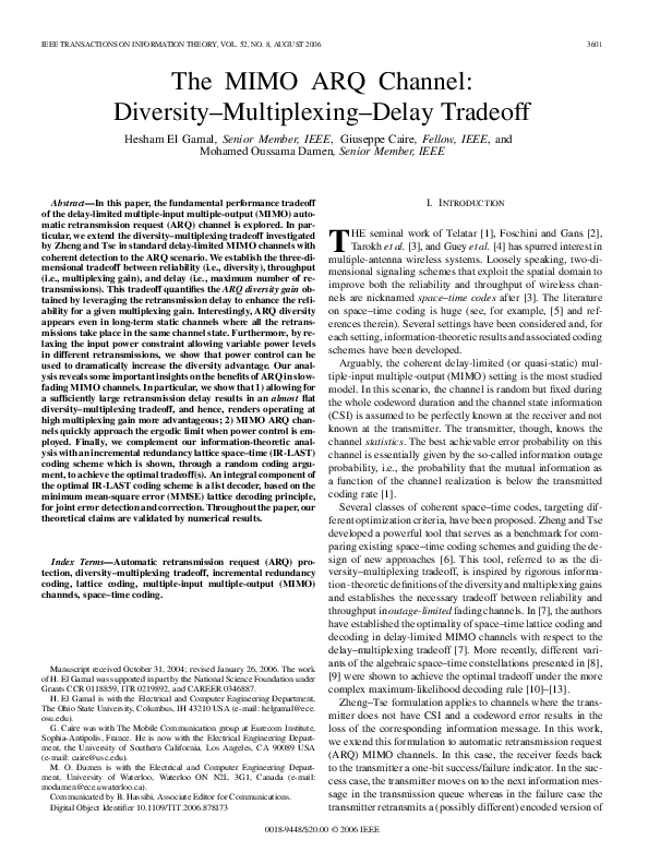 (PDF) The MIMO ARQ Channel: Diversity–Multiplexing–Delay Tradeoff