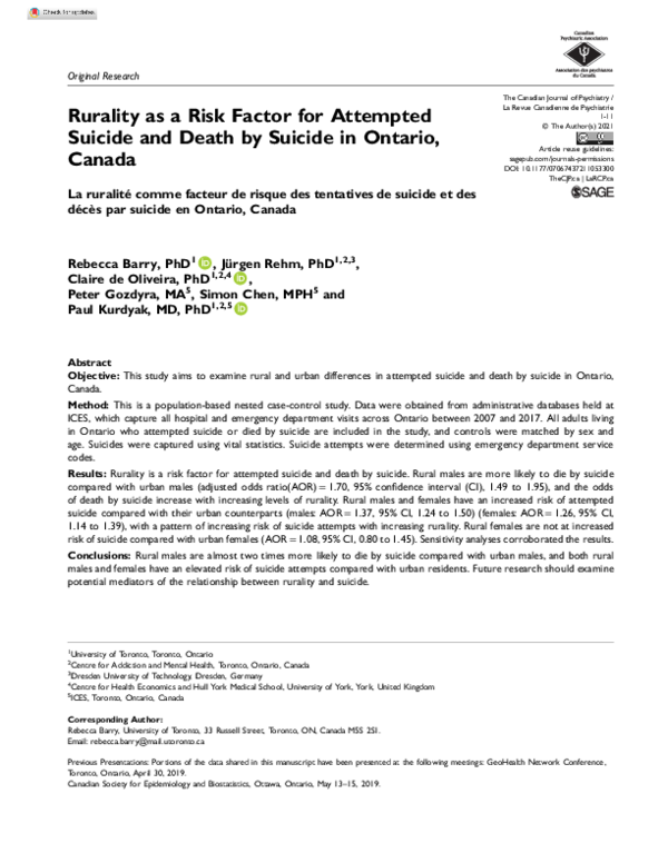 (PDF) Rurality as a Risk Factor for Attempted Suicide and Death by ...