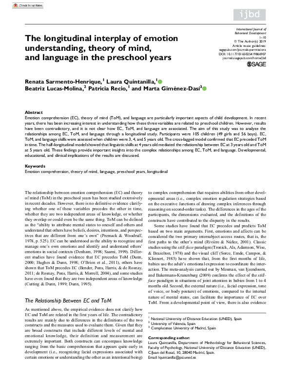 (PDF) The longitudinal interplay of emotion understanding, theory of ...