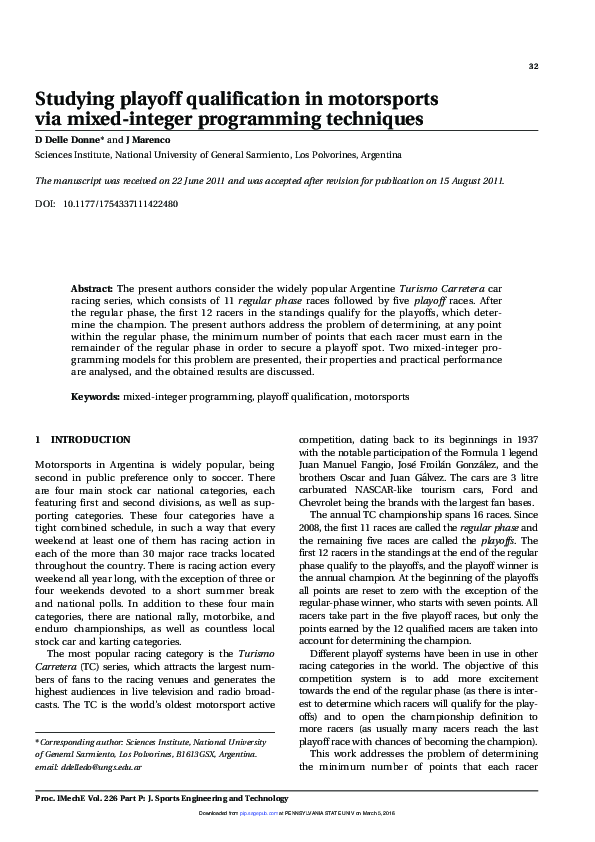 (PDF) Studying playoff qualification in motorsports via mixed-integer ...