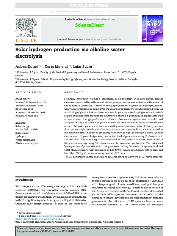 (PDF) Solar hydrogen production via alkaline water electrolysis