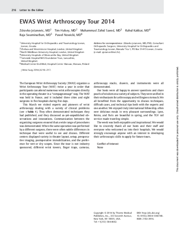 (PDF) EWAS Wrist Arthroscopy Tour 2014