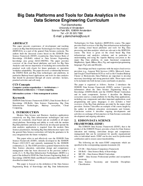 (PDF) Big Data Platforms and Tools for Data Analytics in the Data ...