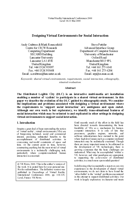 (PDF) Designing Virtual Environments for Social Interaction
